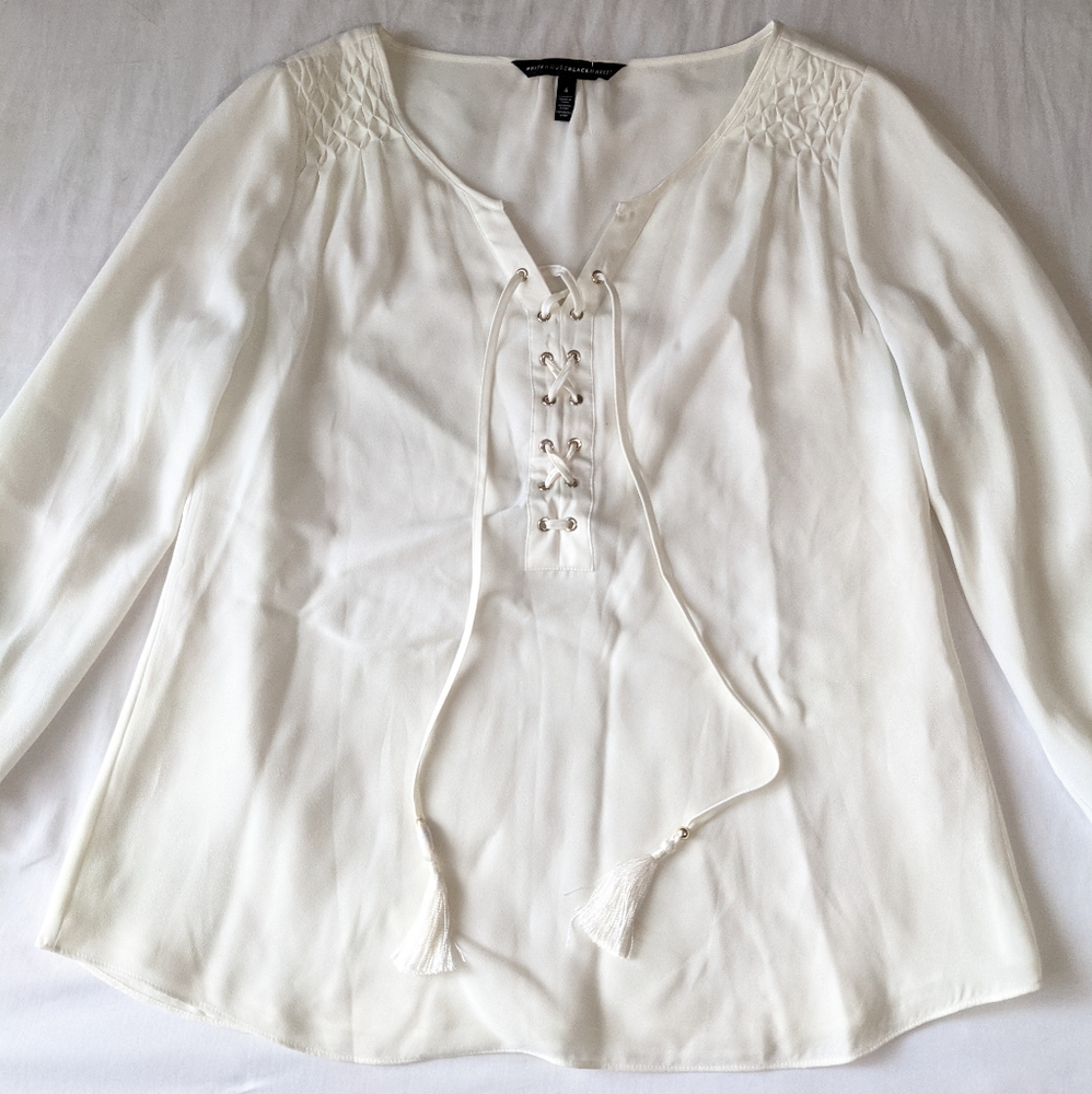 White House Black Market White Long Sleeve Bell Wrist Blouse Tie Chest